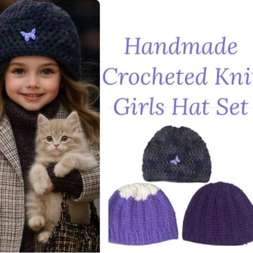 Girl’s Handmade Crochet Beanies Textured Sweater Knit Butterfly Metallic Purple
